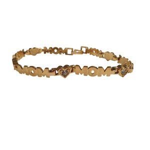 Gold Tone Mom Heart Charm Bracelet Rhinestones Gift Birthday Mothers Day